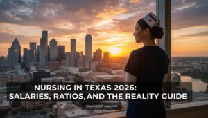 Nurse looking at Texas skyline with article title overlay
