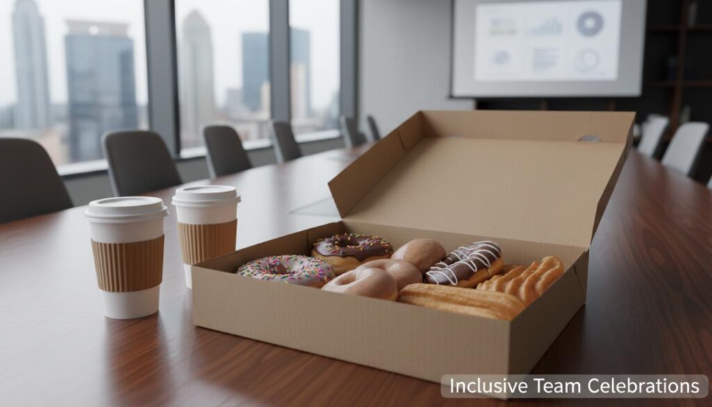 Donuts and coffee arranged on an office table for a team celebration.
