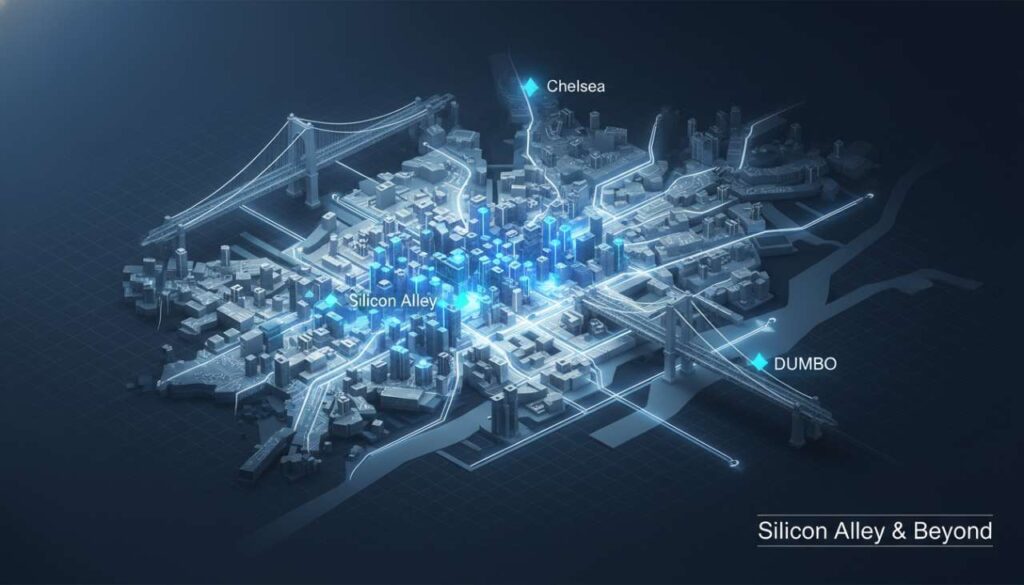 Map of New York City highlighting major technology hubs and innovation districts.
