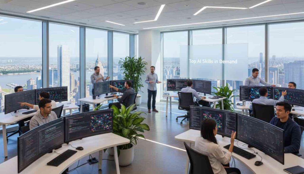 Diverse team of AI engineers coding in a modern NYC office.
