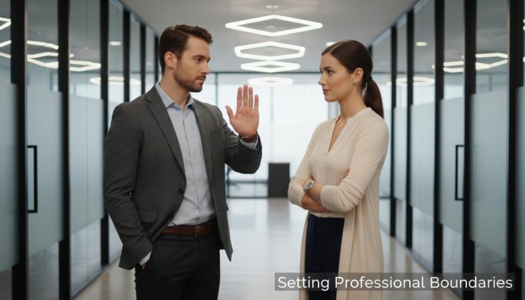 A professional discussion between coworkers illustrating setting boundaries.
