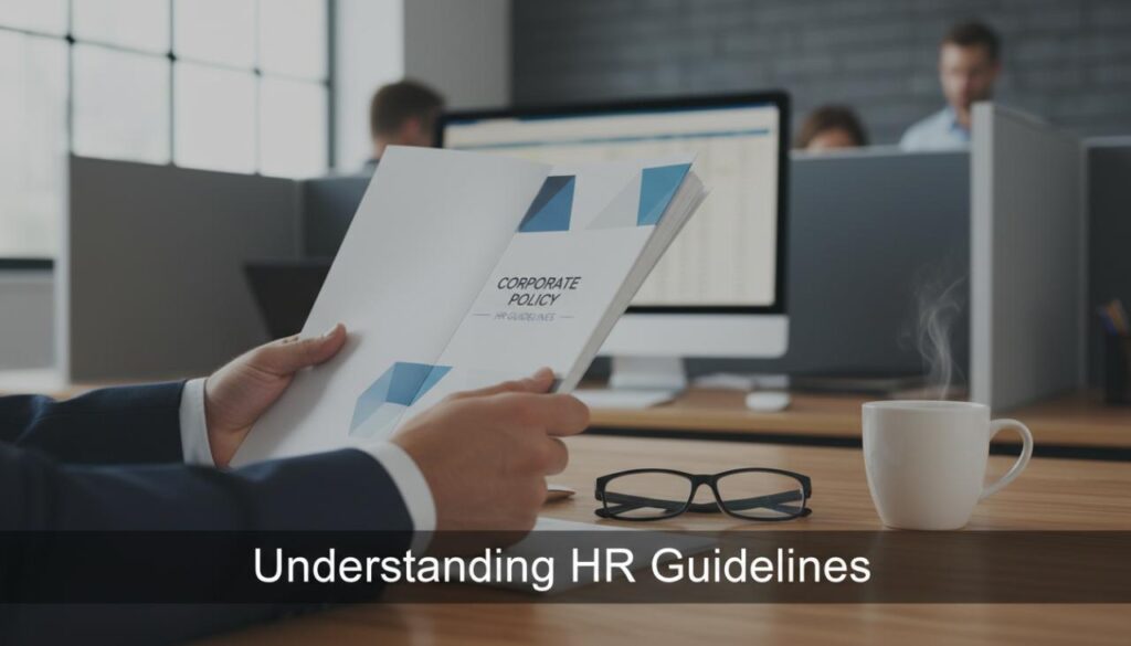 An employee reviewing HR guidelines on a tablet.
