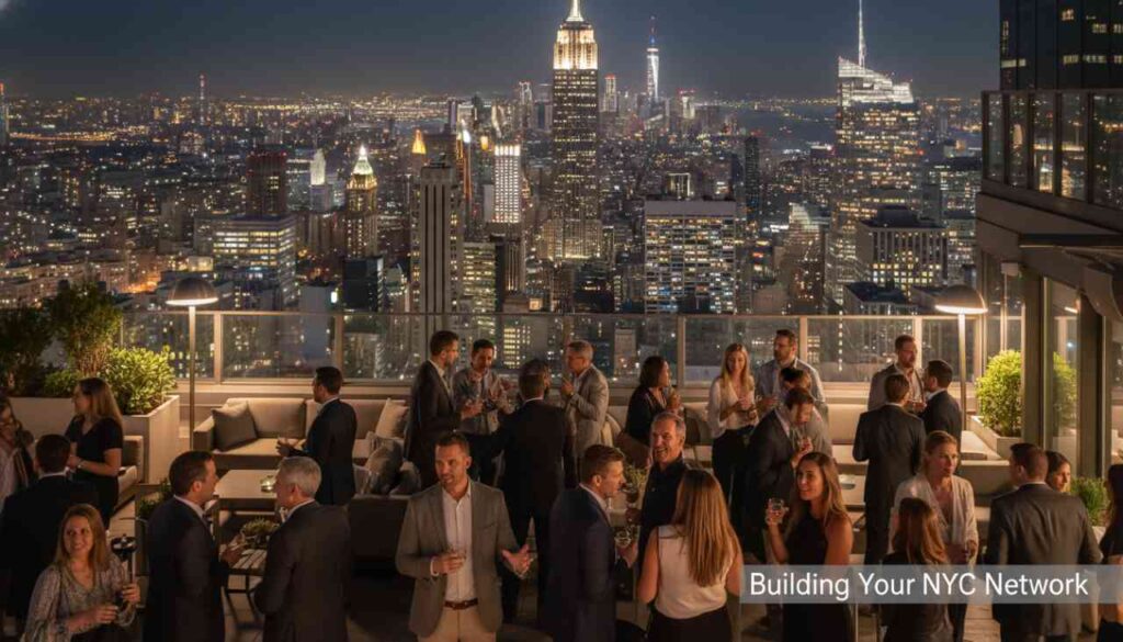 Professionals networking at a tech event in New York City.
