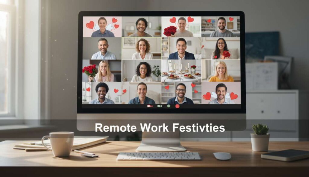A virtual team meeting on a laptop screen with festive backgrounds.
